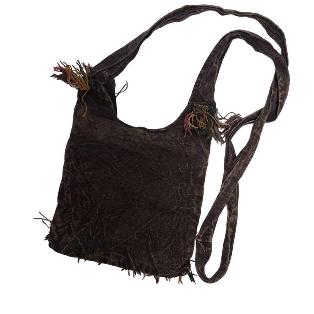 Boho Peace Sign Sling Crossbody Bag Purse Zip Top Lined Fringe Festival - Picture 4 of 11
